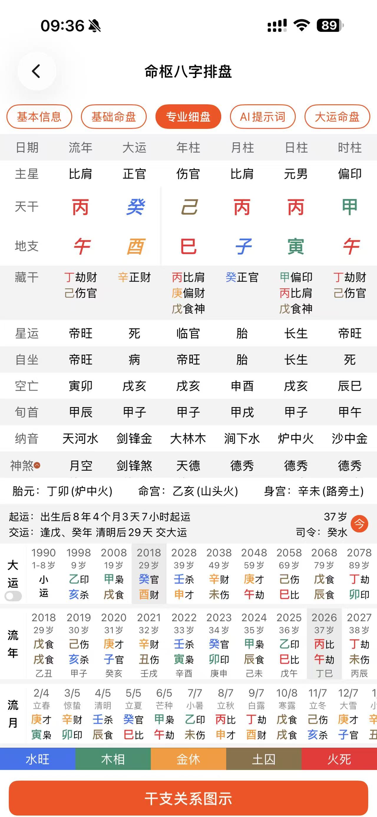 命枢八字排盘专业细盘界面